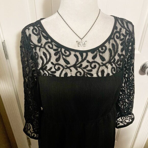 H&M MAMA Black scrolling leaves scoop neck mesh lace maternity top SMALL MEDIUM - Picture 3 of 12